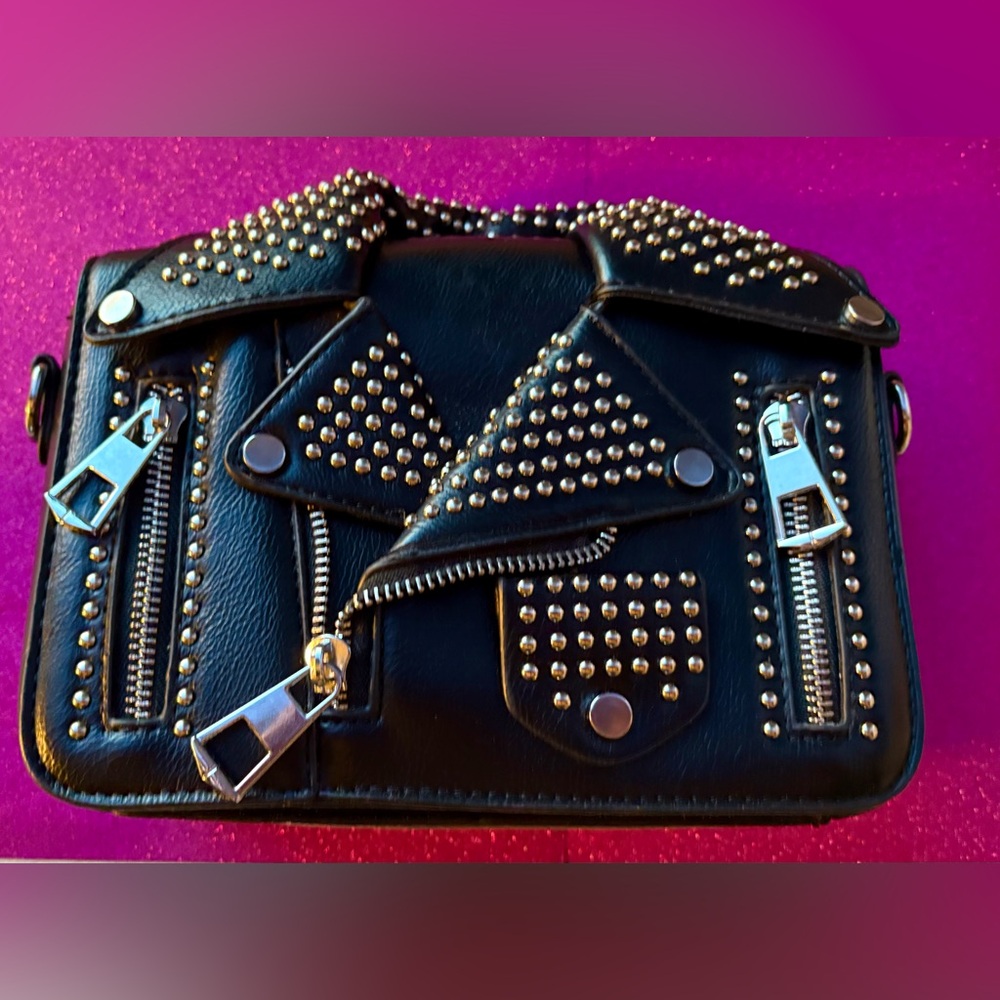 Motorcycle Jacket Inspired Studded Black Leather Crossbody or Clutch Bag NWWT - Picture 6 of 16